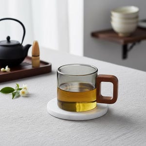 Könnte beinhalten: Ein klares Glas mit Holzgriff, gefüllt mit Tee, steht auf einem weißen Marmoruntersetzer. Eine schwarze Teekanne und ein Holztablett im Hintergrund deuten auf eine Teezeremonie hin.