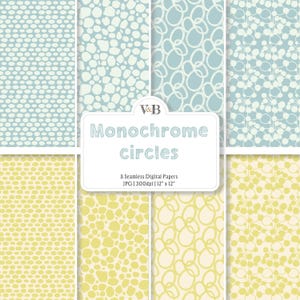 Könnte beinhalten: Acht nahtlose digitale Papiere mit verschiedenen monochromen Kreismustern in Pastellblau und Gelb. Das Bild enthält ein Etikett mit der Aufschrift "Monochrome circles" und "8 Seamless Digital Papers JPG | 300dpi | 12" x 12".