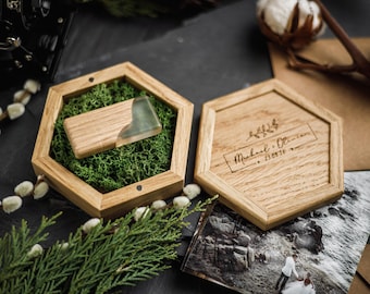 Caja hexagonal de roble para memoria USB con unidad flash de resina epoxi, embalaje de madera para bodas.