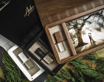 Scatola fotografica in legno personalizzata con chiavetta USB in cristallo, contenitore per stampe nuziali incise personalizzate
