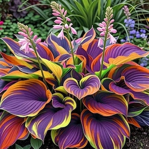 Puede incluir: Una vibrante planta de hosta con hojas grandes y texturizadas en tonos púrpura, naranja, amarillo y verde. Delicados tallos de flores rosas se elevan sobre el colorido follaje. Una llamativa exhibición de belleza natural.