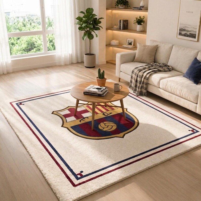 Rectangular Rug Emblem Hand-tufted FC Barcelona Crest Wool Area Rug, Sports Fan Decor, Cream ...