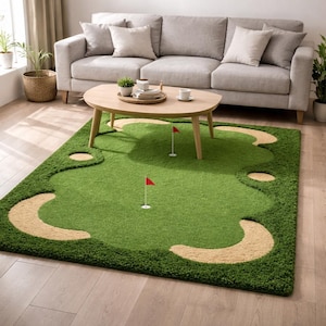 Alfombra de minigolf tejida a mano con diseño de putting green, alfombra con banderas para una decoración divertida en la sala de estar, tapete con temática deportiva, acento único para el hogar.