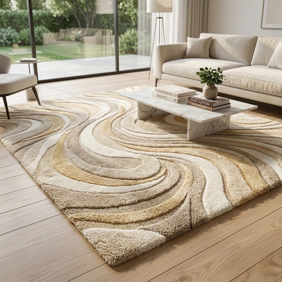 Hand Tufted Wool Area Rug, Neutral Swirl Abstract Living Room Carpet - Etsy