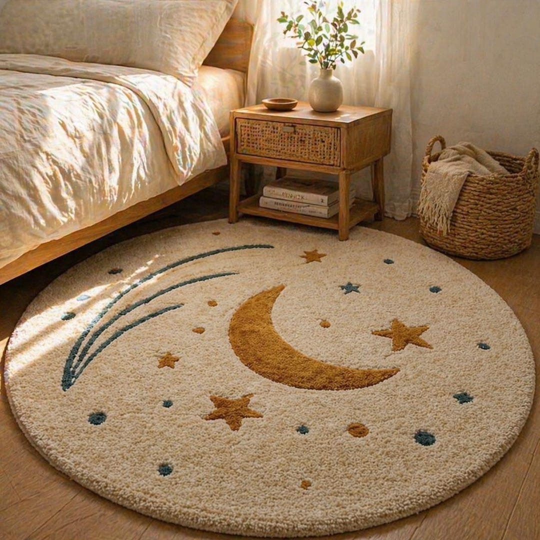 Hand Tufted Wool Moon Stars Round Rug, Celestial Nursery Carpet, Cozy ...
