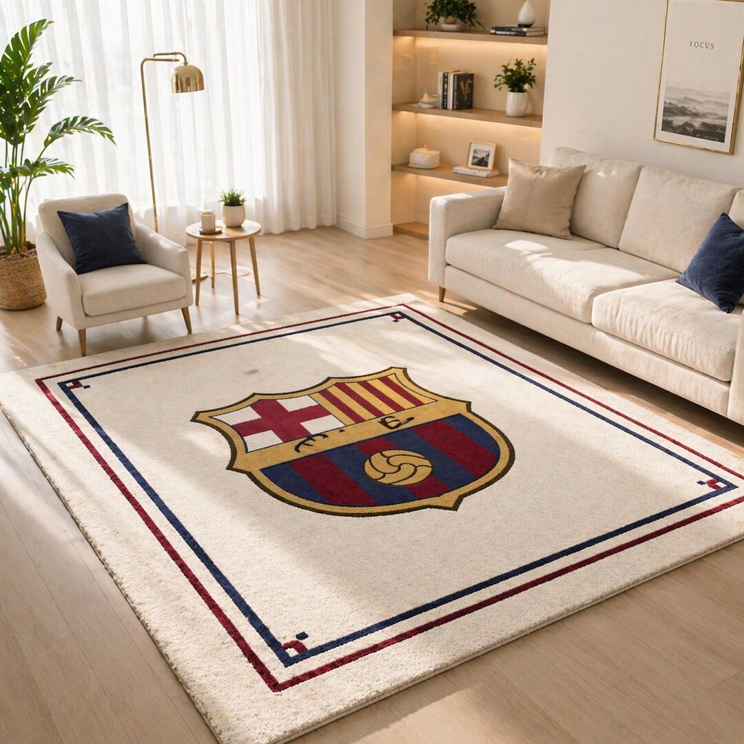 Hand-tufted FC Barcelona Crest Wool Area Rug, Sports Fan Decor, Cream ...