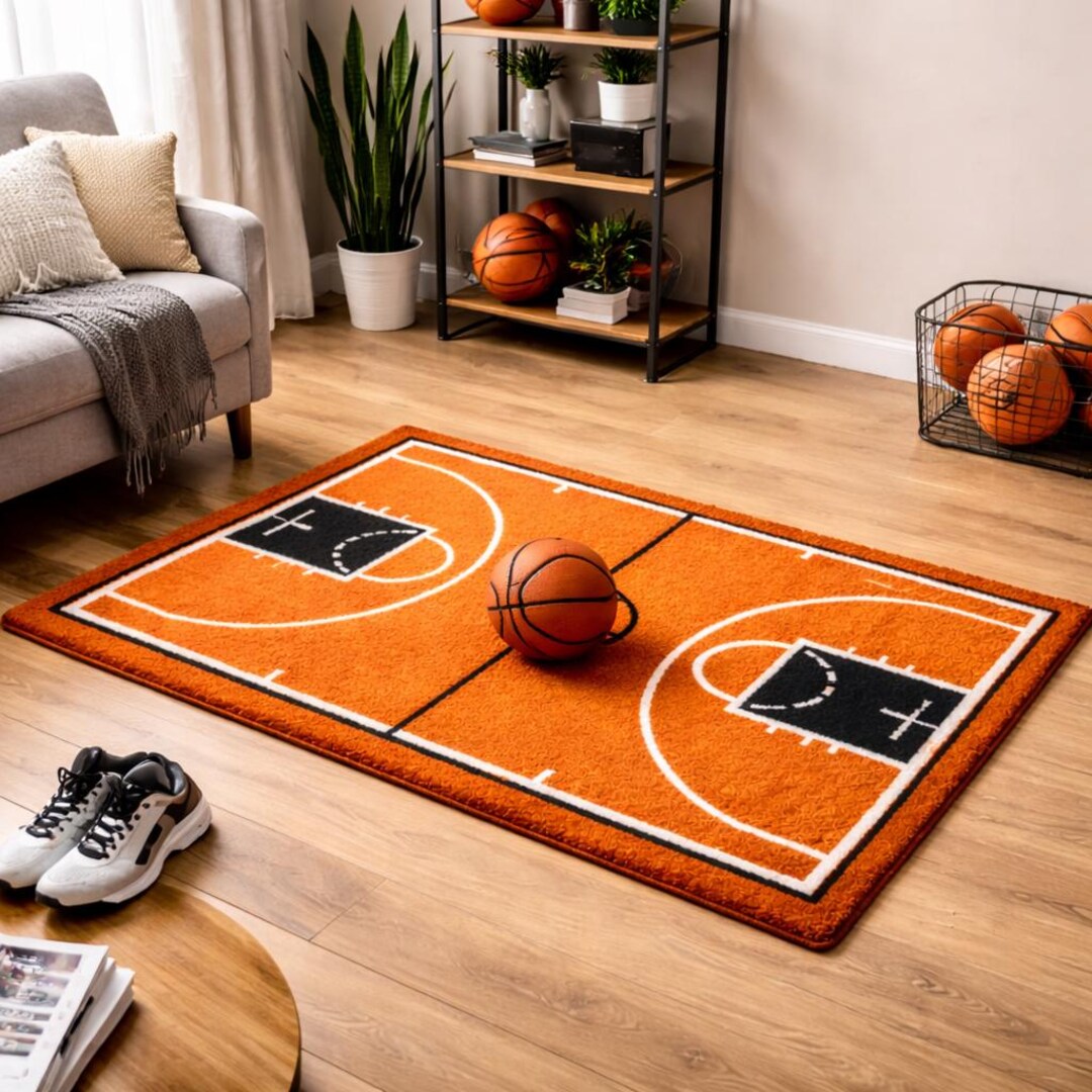 Hand-tufted Basketball Court Rug – Orange Black Sports Area Polyester ...