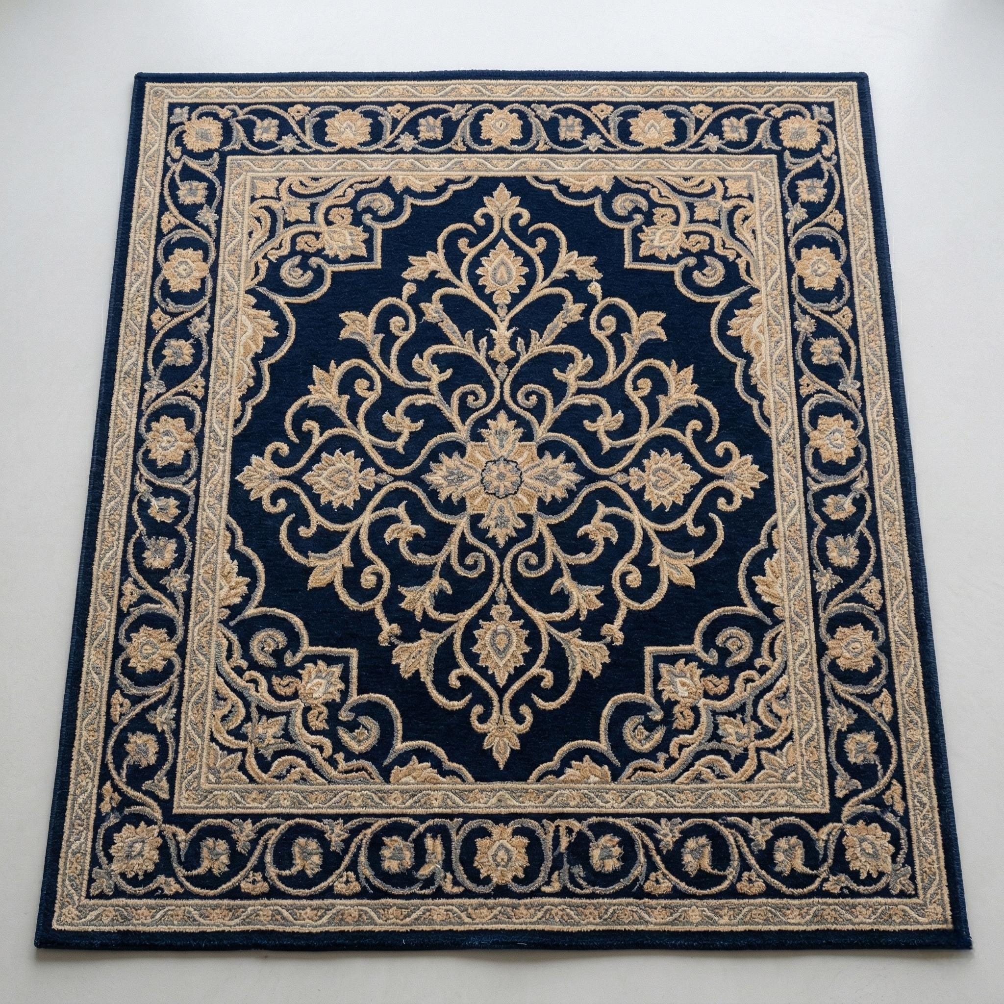 Hand-tufted Wool Area Rug | Navy Blue Beige Floral Scroll Oriental ...