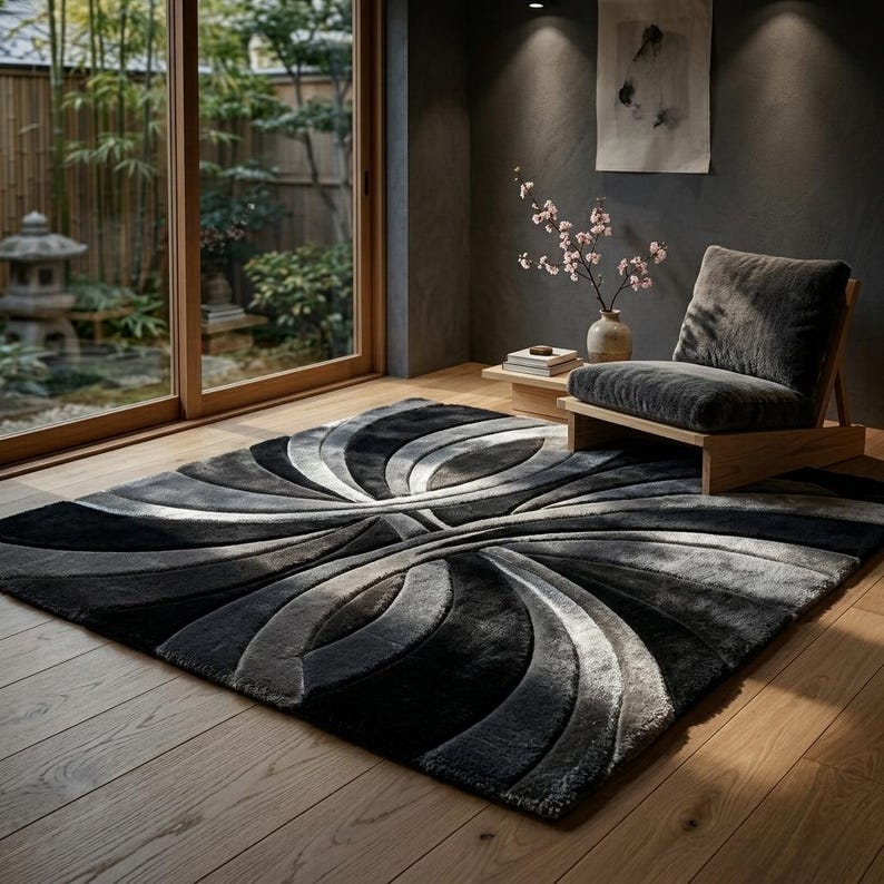 Moevment Rugs Hand Tufted Wool Area Rug, Modern Abstract Black Grey, Plush Sculptural ...