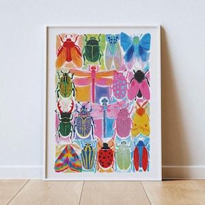 May include: A framed art print featuring a grid of colorful insects including beetles, dragonflies, and moths. The illustration displays various species in vibrant shades of red, blue, pink, yellow, and green against a light background.