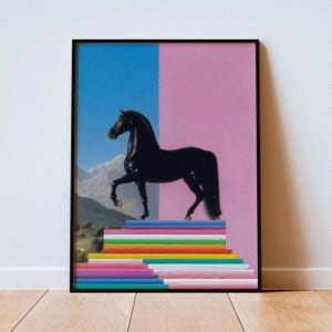 May include: A framed art print featuring a glossy black horse standing on a stack of colorful horizontal bars. The background is split vertically between a bright blue sky over distant mountains and a solid pink panel, creating a surreal composition.