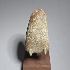 Könnte beinhalten: Ein verwitterter, länglicher Stein mit rauer Textur, montiert auf einem kleinen Holzsockel mit Messingstützen. Der Stein ist hauptsächlich beige mit Andeutungen von Rot und Braun. Das Objekt wird vor einem neutralen grauen Hintergrund präsentiert.