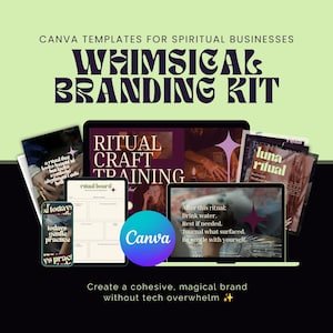 Può includere: Un kit di branding digitale per Canva con modelli per attività spirituali. Il display mostra testi come WHIMSICAL BRANDING KIT, RITUAL CRAFT TRAINING, LUNA RITUAL e RITUAL BOARD su vari schermi e documenti con un tema viola e nero.