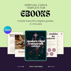Op de afbeelding: Een digitaal ontwerpsjabloon voor eBooks, met een tablet met een "modern ritueel framework"-ontwerp. De afbeelding bevat verschillende pagina's met tekst en afbeeldingen, met het Canva-logo linksboven. De tekst luidt: "Maak in enkele minuten prachtige digitale gidsen."