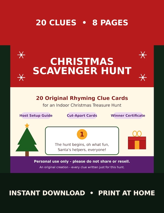 Christmas Scavenger Hunt Printable, 20 Rhyming Clue Cards Indoor Treasure Hunt Game for Kids Family Christmas Party Christmas party game