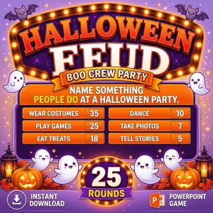 Pode incluir: Um tabuleiro de jogo Halloween Feud Boo Crew Party com um letreiro luminoso, seis fantasmas brancos, duas abóboras e duas lanternas. O tabuleiro exibe a pergunta Name Something People Do At A Halloween Party com seis respostas e pontuações.