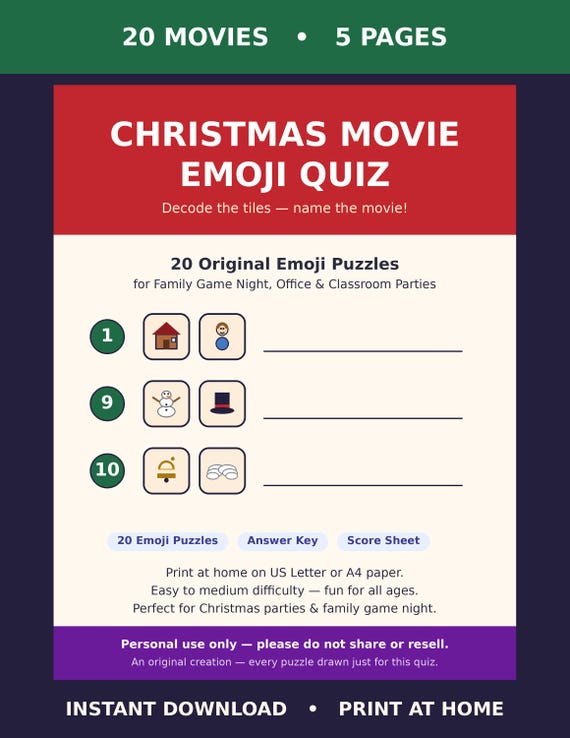 Christmas Emoji Quiz Printable, Christmas Movie Quiz Game, 20 Emoji Puzzles with Answer Key, Holiday Party Game for Adults Teens Kids Christmas party game