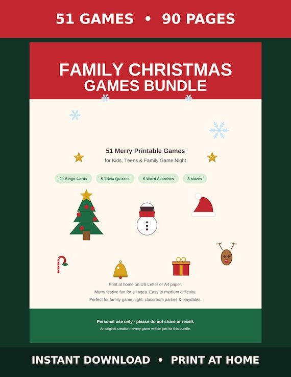 Christmas Games Bundle Printable, 51 Family Christmas Party Games, Christmas Bingo Cards, Trivia, Word Search, Kids Teens Adults Christmas party game