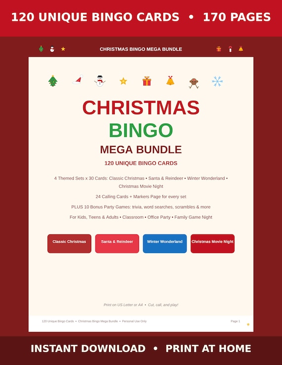 Christmas Bingo Cards Bundle, 120 Unique Bingo Cards with Calling Cards, Christmas Party Games Printable for Kids Teens Adults Classroom Christmas party game