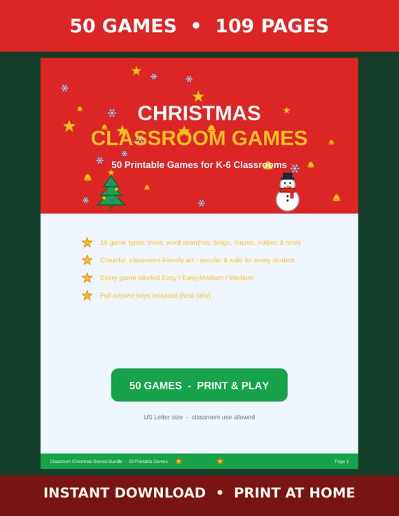 Christmas Games Bundle Printable, 50 Classroom Christmas Party Games, Christmas Bingo Cards, Trivia, Word Search, Kids K-6 Christmas party game