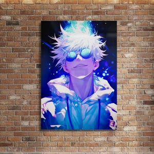 May include: Anime-style art print featuring a character with spiky white hair and blue sunglasses. The character is wearing a blue hoodie, set against a dark background with blue and purple accents. The artwork is displayed on a brick wall.