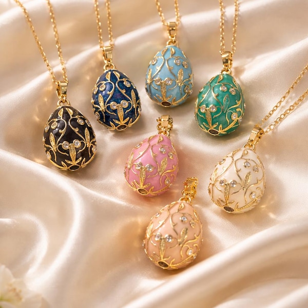 Collier pendentif oeuf style Fabergé chaîne émail cristal floral bijoux tendance Pâques
