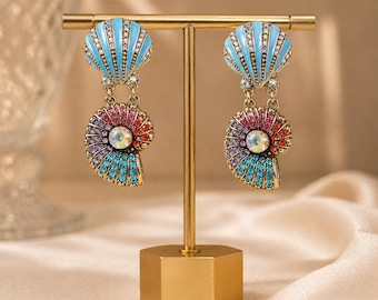Nautilus Shell Drop Earrings: Ocean Inspired, Crystal Enamel Jewellery
