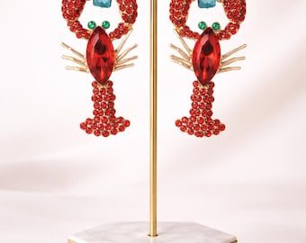 Red Lobster Statement Earrings Gold Crystal Crab Drop Earrings Bold Nautical Summer Jewellery