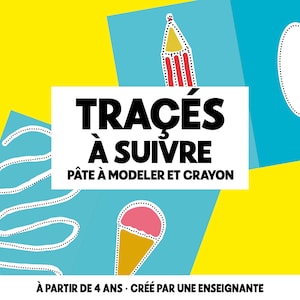 Könnte beinhalten: Lernkarten mit gepunkteten Linien zum Nachfahren, die einen Stift, eine Eistüte und eine ovale Form auf blauem Hintergrund zeigen. Der Text lautet TRACÉS À SUIVRE PÂTE À MODELER ET CRAYON und À PARTIR DE 4 ANS CRÉÉ PAR UNE ENSEIGNANTE.