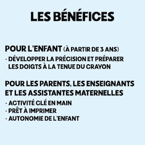 May include: A light blue graphic with the title "LES B&Eacute;N&Eacute;FICES" in bold black letters. Below, text describes benefits for children aged 3+, parents, teachers, and nursery assistants, including precision development and autonomy.