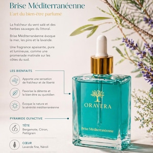 Op de afbeelding: Een turquoise glazen fles ORAVERA Brise Méditerranéenne parfum. De fles heeft een goudkleurige dop en een druppelaar. Het etiket toont de merknaam en productnaam. De afbeelding bevat tekst die de geurnoten en voordelen beschrijft.