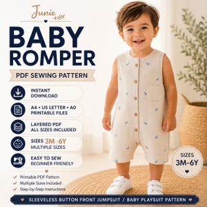 Schnittmuster für Baby-Strampler (PDF), Kleinkind-Strampler, ärmelloser Jumpsuit mit Knopfleiste, Baby-Spielanzug, Größen 3 Monate bis 6 Jahre