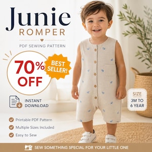 May include: A beige romper with blue bird embroidery, worn by a smiling toddler. The image includes text that reads "Junie Romper", "PDF Sewing Pattern", "70% OFF", and "Instant Download". The romper is available in sizes 3M to 6 years.