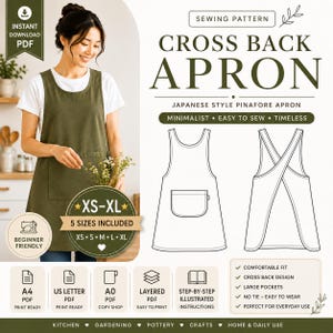 Patrón de costura PDF para delantal con espalda cruzada / Patrón de delantal japonés / Delantal de cocina con cuello redondo / Patrón PDF con espalda cruzada / Tallas XS-XL
