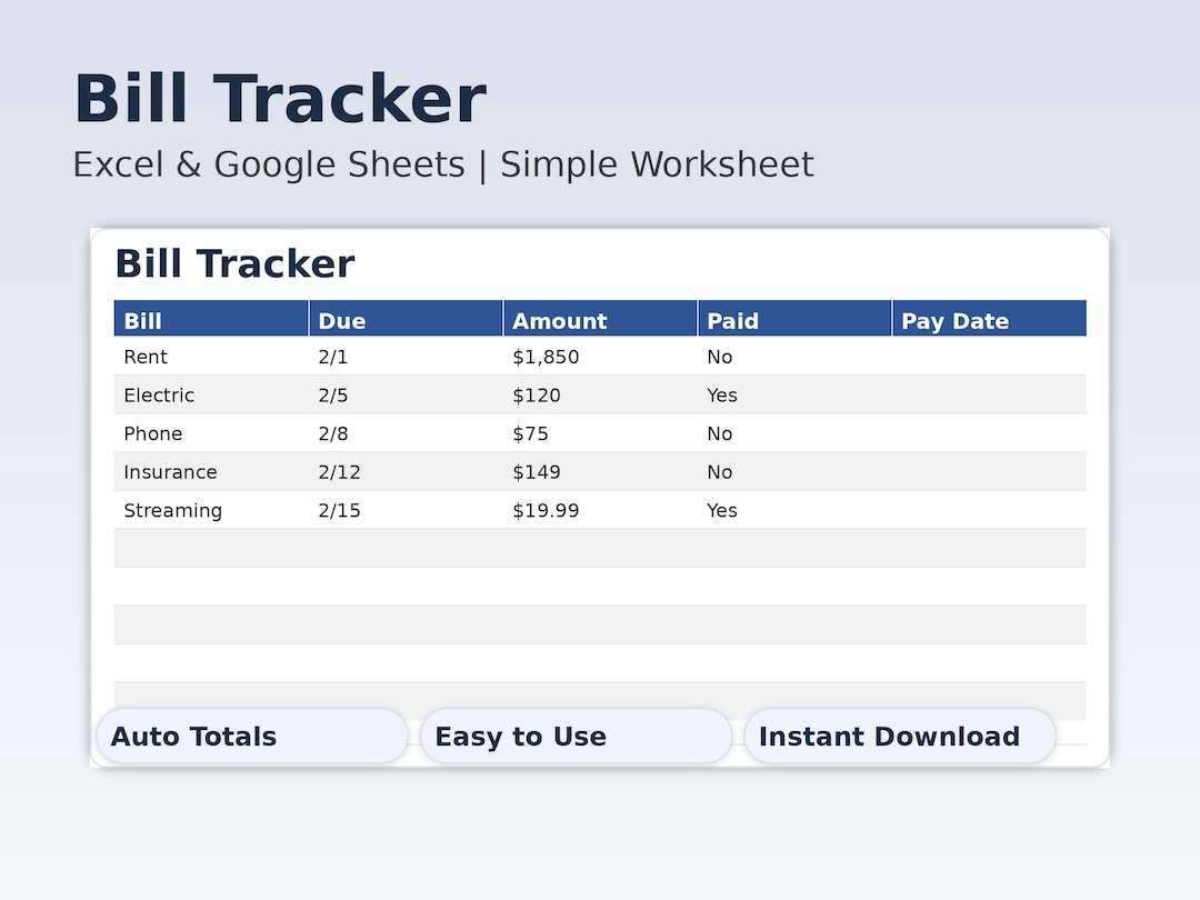 Simple Bill Tracker Spreadsheet | Excel & Google Sheets (instant ...