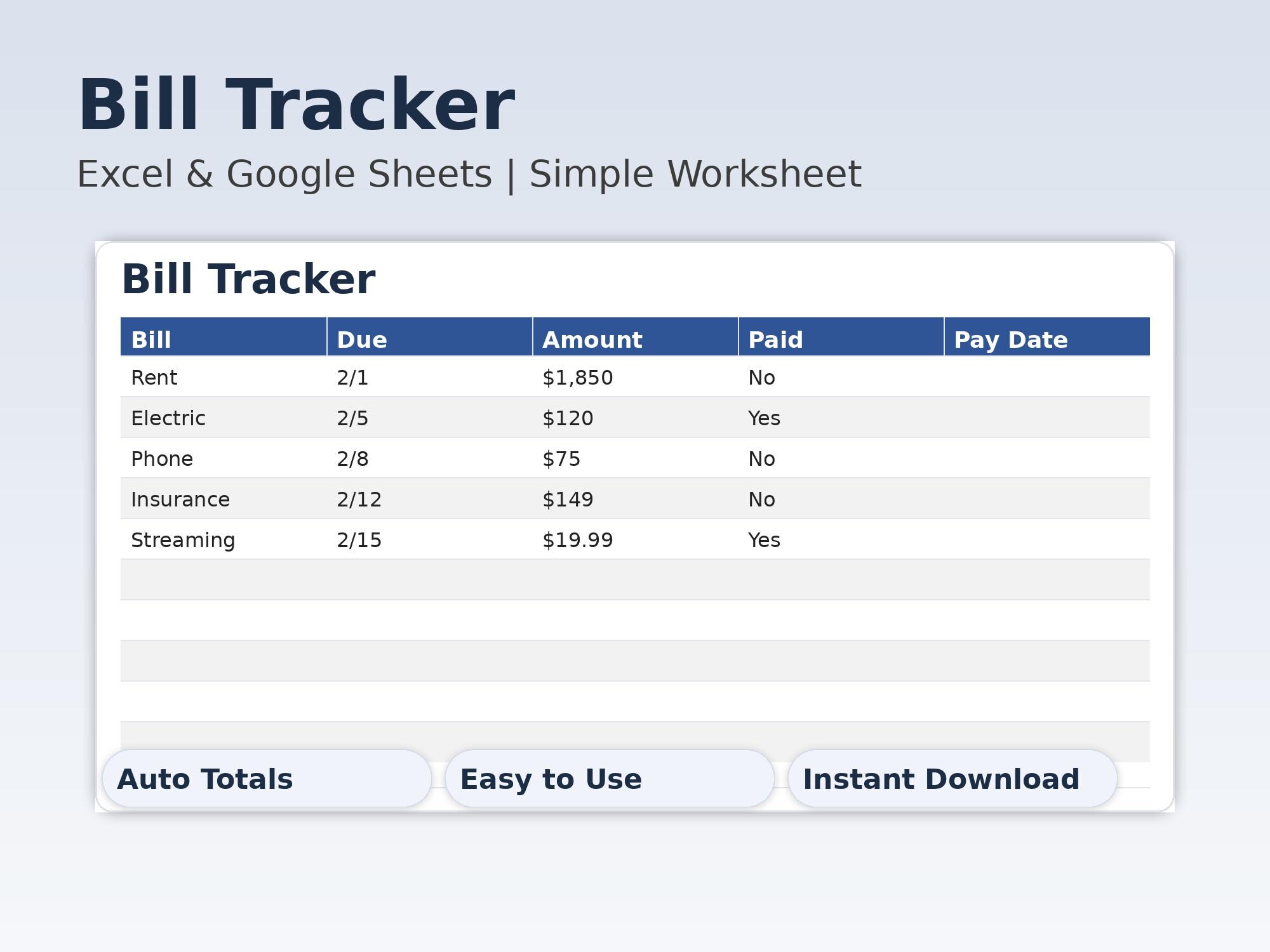 Simple Bill Tracker Spreadsheet | Excel & Google Sheets (instant ...