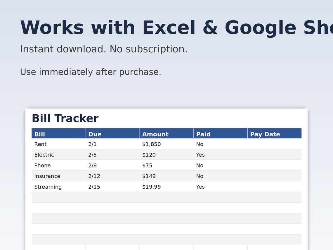 Simple Bill Tracker Spreadsheet | Excel & Google Sheets (instant ...