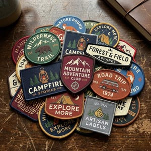 Puede incluir: Una colección de parches de tela bordados con temas de naturaleza y aire libre. Los diseños incluyen textos como Wilderness Trail, Mountain Adventure, Campfire, Explore More y Forest & Field Apparel, con imágenes de osos, zorros, tiendas y linternas.