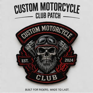 May include: A black, red, and white embroidered patch featuring a central skull with a beard and goggles, flanked by engine cylinders. The text reads CUSTOM MOTORCYCLE CLUB, EST. 2024. The patch is set against a white background with additional text.