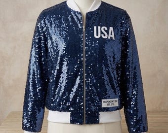 USA Sequin Bomber Jacket Fourth of July Outfit Women, Red White Blue Independence Day Sparkle Coat, Patriotic Sequin Soul Custom Apparel