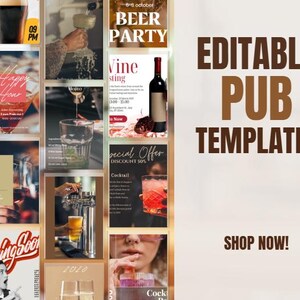 Peut inclure: Image promotionnelle avec des modèles de pub modifiables. Les modèles présentent des boissons telles que la bière, le vin et les cocktails. Le texte "EDITABLE PUB TEMPLATES" et "SHOP NOW!" est affiché.