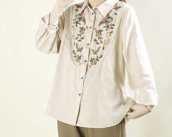 Retro gestickte Kragenbluse | Lockeres Baumwoll Leinen Top, Langarm Shirt