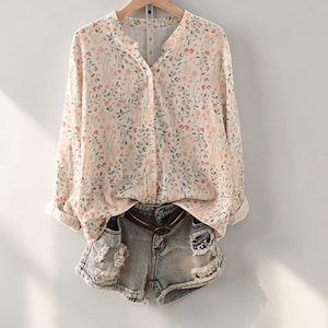 Cotton Floral Blouse: Lightweight Long Sleeve Button-Down Boho Top