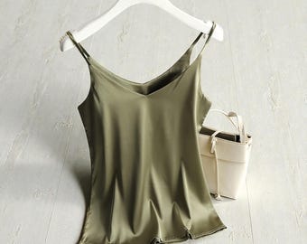 Women’s Satin Silk Top | Halter V-Neck Spaghetti Strap Tank | Sleeveless Summer Blouse