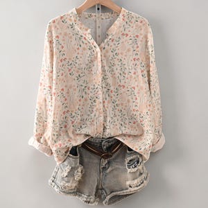 Cotton Floral Blouse: Lightweight Long Sleeve Button-Down Boho Top