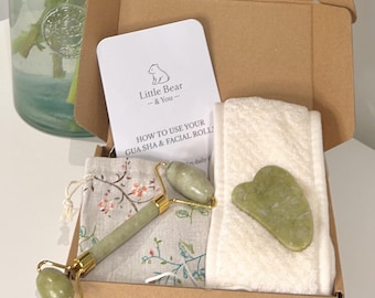 Spa Gift for Her | Jade Gua Sha Stone Facial Roller Set | Skincare Massage Tool, Self-Care Gift