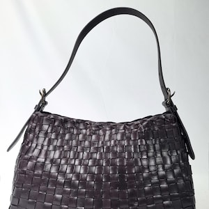 Dark Chocolate Brown Leather Hobo Bag, Vintage Woven Shoulder Purse, Handmade Cowhide Leather Handbag