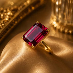 Può includere: Un anello in oro con una grande pietra preziosa rosso scuro di taglio rettangolare a smeraldo, fissata da quattro griffe. La fascia è in oro liscio e lucido, che mette in risalto una pietra cremisi vibrante e satura che riflette la luce.