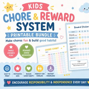May include: A printable chore and reward system for kids. The design features colorful charts, stars, and the text "Kids Chore & Reward System." Includes a chore chart, reward sticker board, and reward chart. The bundle is designed to motivate kids and build good habits.