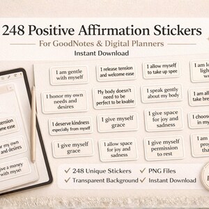 248 Positive Affirmation Stickers for GoodNotes Digital Planner Stickers Motivational Self Care Stickers PNG Transparent | Instant Download